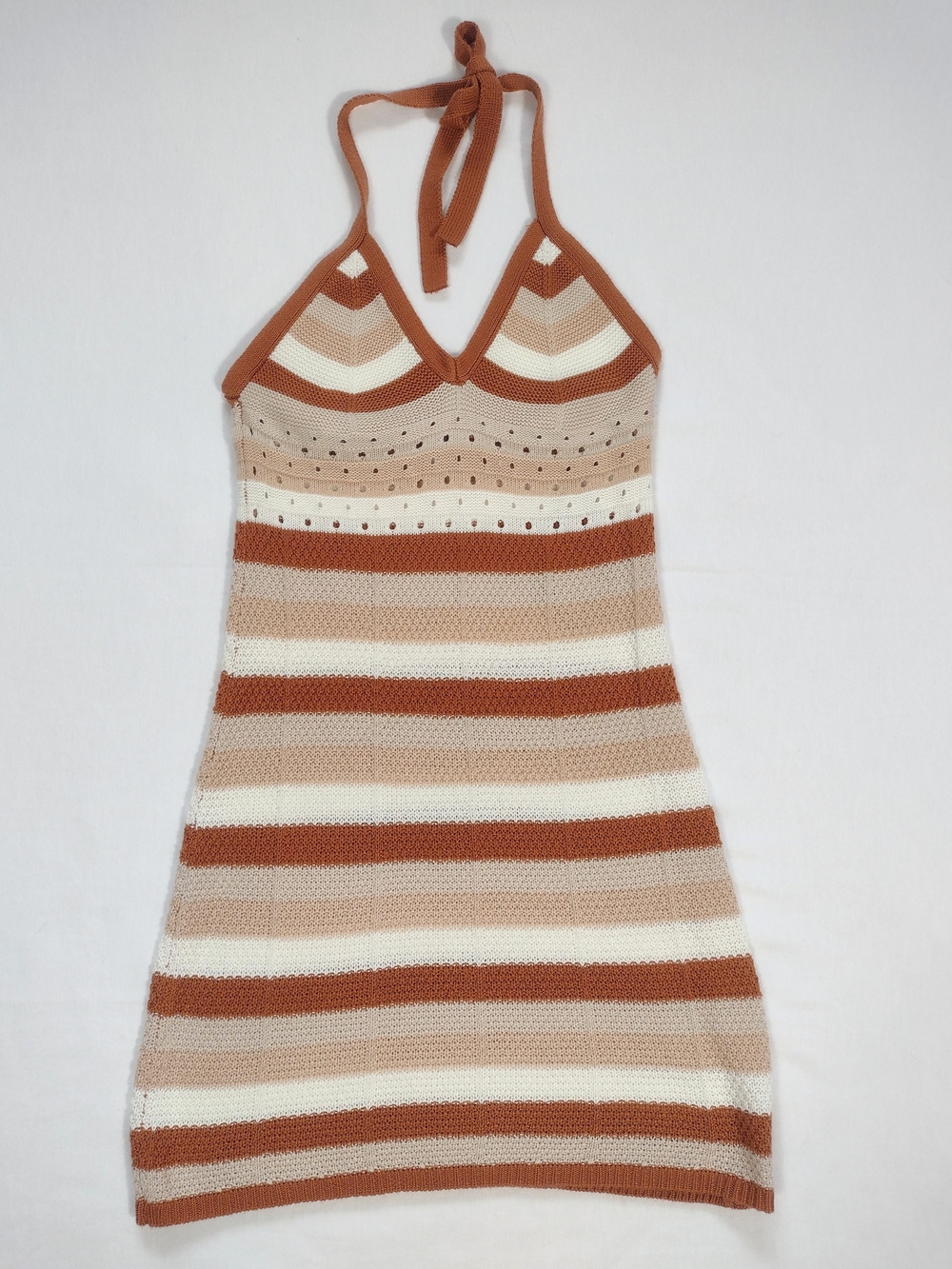 rue21 Retro Style Striped Knit Halter Boho Mini Dress Orange Tan Cream Size M